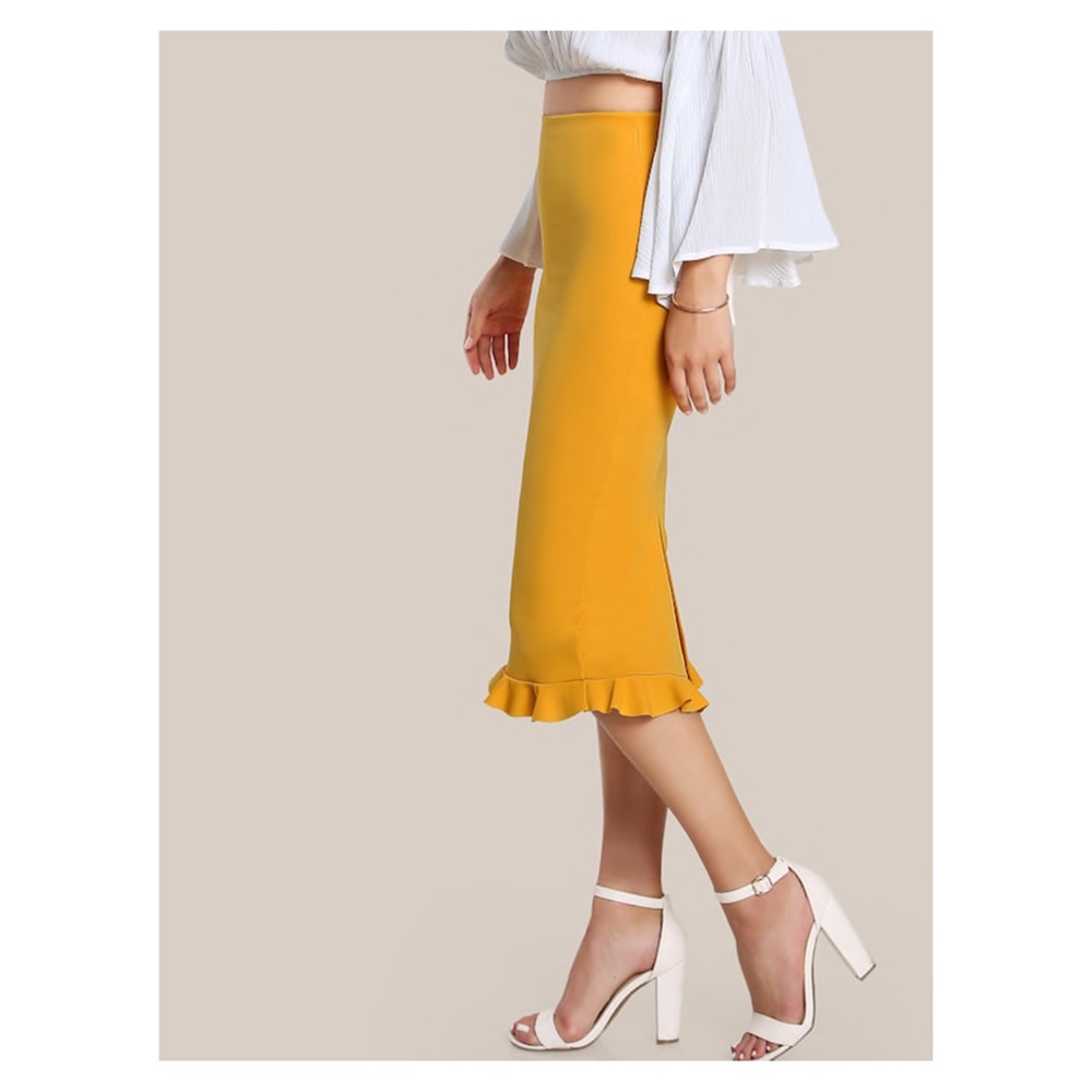 Yellow Ruffle Hem Bodycon Midi Pencil Skirt - Picture 2 of 5